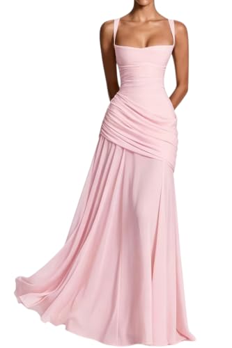 Nxtwill Women's Elegant Bodycon Ruched A-Line Maxi Formal Dress Pink