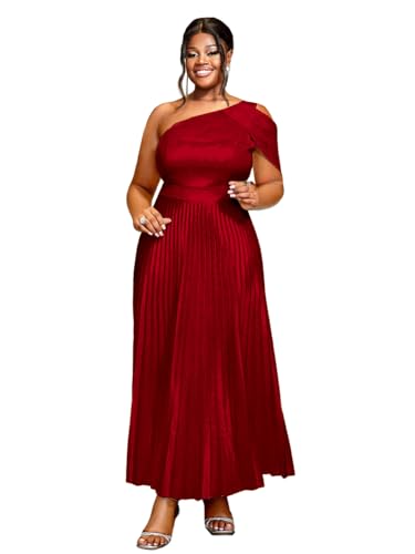AOMEI Womens Sparkly Metallic Flowy Pleated Dress One Shoulder Empire Waist Long Shimmer Gowns and Evening Dresses (2X,Red)