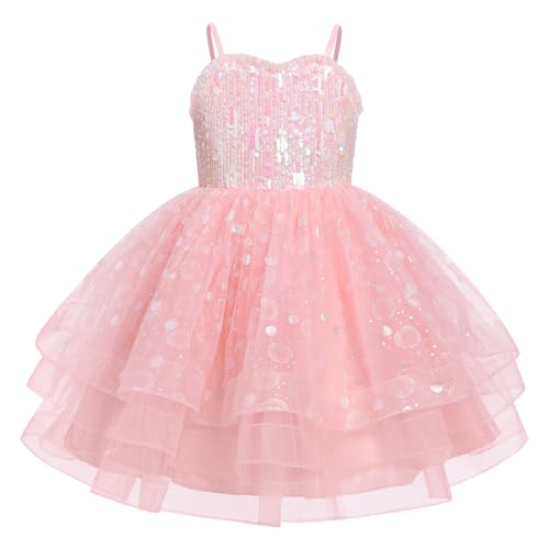 IMEKIS Pageant Dresses for Toddler Girls: Kids Sparkly Sequin Tulle Princess Tea Party Formal Wedding Guest Fairy Baby 5th 6th Birthday Outfit Photoshoot Graduation Pink 5-6 Years
