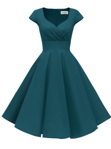 Hanpceirs Cap Sleeve 1950s Formal Dresses with Pocket Teal S