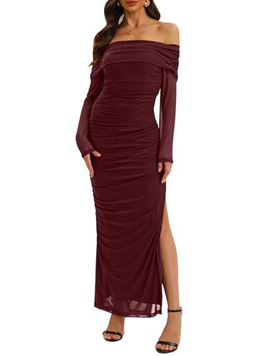 Relipop Women's Fall Off The Shoulder Maxi Dress Long Sleeve Mesh Ruched Fitted Bodycon Club Dresses with Slit Burgundy Small