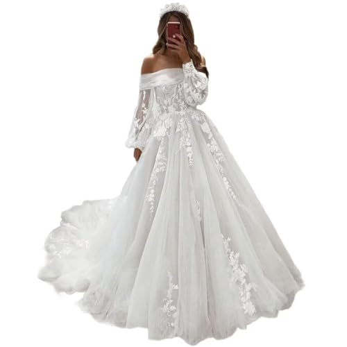 Zhangyo Long Sleeve White Wedding Dresses for Bride Off Shoulder Puffy
