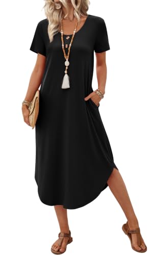 OFEEFAN Black Dresses for Women 2026 Church Casual Midi Spring Dresses Tshirt Dress with Pockets Maternity Graduation Dress M