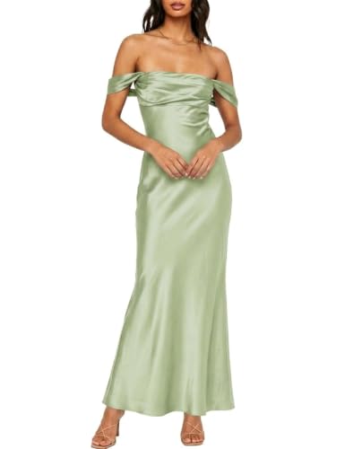 Realtix Satin Off The Shoulder Strapless Bridesmaid Maxi Dress for Women
