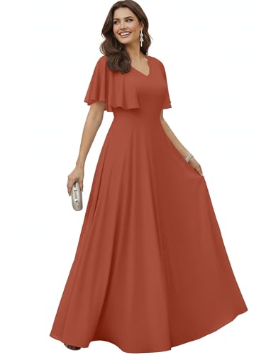 KOH KOH Womens Short Sleeve Ruffle Elegant Modest Dressy Wedding Guest Prom Bridesmaid Cocktail Party Flowy Long Tall Formal Maxi Dress Gown, Copper Rust Orange XS 2-4