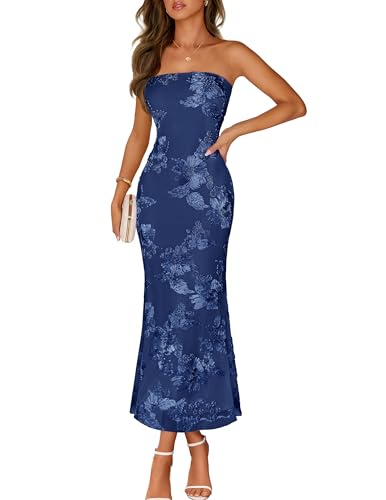MEROKEETY Women's Summer Floral Wedding Guest Cocktail Maxi Dress, Navy, L