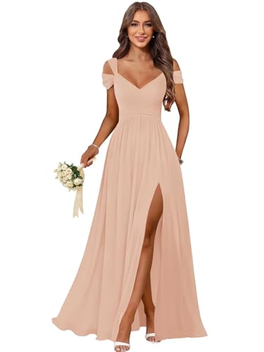 Egorfic Rose Gold Cold Shoulder Bridesmaid Dresses Chiffon Pleated Long Slit Formal Evening Gown Backless Wedding Guest Dress for Women Plus Size 16