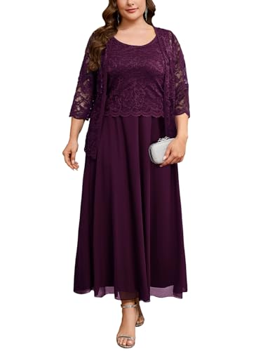 CYCLAMEN Plus Size 2 Piece Formal Dress Suit Mother of The Bride Dresses Sets with Lace Jacket Elegant Wedding Outfits, Dark Purple, 0X