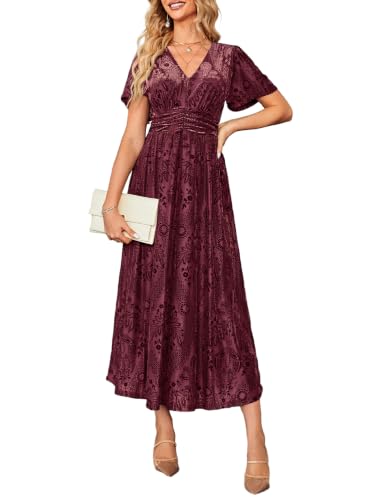 Simplee Women's Semi Formal Wedding Guest Velvet Maxi Dress Burnout Floral Empire Waist V Neck Short Sleeve Long Dress (Burgundy Floral L)