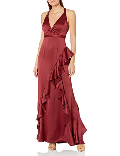 Aidan by Aidan Mattox Women's Halter Long Satin Gown with Ruffles, Wine, 12
