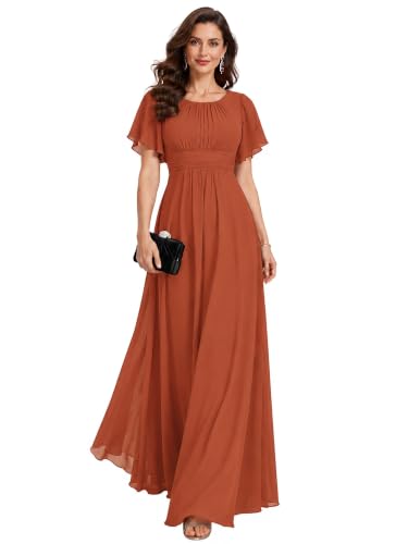 Ever-Pretty Women's Chiffon Formal Dress Mother of the Bride Dresses | Round Neck, Short Sleeve, Empire Waist, Formal Wedding Guest Dresses, Burnt Orange US14