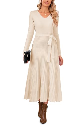 Arach&Cloz Women's Wool Blend Fall Long Sleeve Midi Sweater Dress Beige