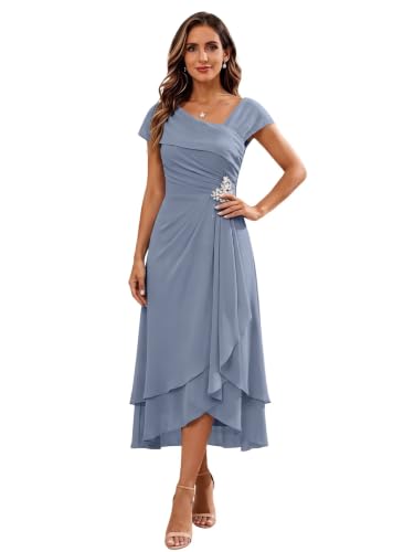 Mother of The Groom Dresses for Wedding Cap Sleeve Ruffle Layered A Line