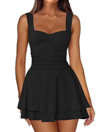 IWD Square Neck Flowy Mini Dress for Women Sleeveless Tank Top Ruched Waist Tiered Ruffle Hem Party Short Dresses Black X-Small