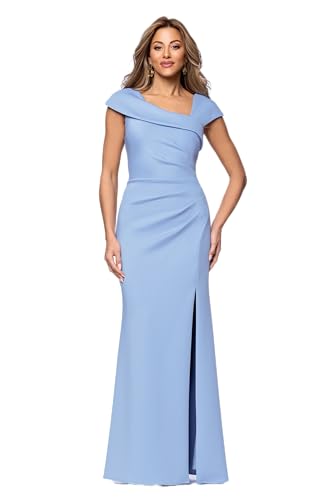 Xscape Women's Long Bodycon Formal Evening Gown with Cap Sleeves, Asymmetrical Neckline, Ruched Bodice and Front Slit (Petite), Periwinkle, 4P
