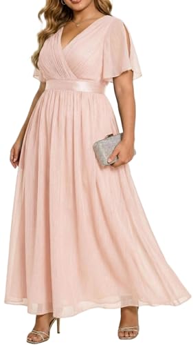 Plus Size Pink Dresses Chiffon Bridesmaid Wedding Guest Cocktail | Chiffon fabric, V neck short sleeve design, plus size formal wedding guest party dress style