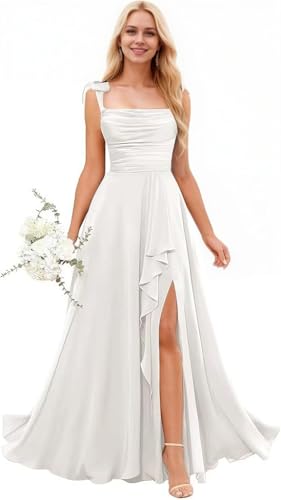 Eldecey Junior Bridesmaid Dresses Long Flower Girl Dress for Wedding Ruffle Spaghetti Straps Formal Dress for Girls Ivory US0