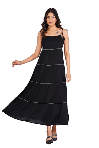 Women's Black Rayon Tiered Maxi Dress with Adjustable Tassel Tie Straps Boho Summer Long Dress Beautiful Contras Stitch for Casual and Partywear… (L)