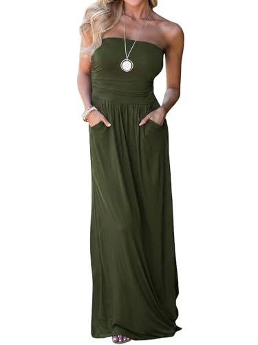 Ofenbuy Womens Off The Shoulder Maxi Dresses Summer Strapless Bandeau Long Dress with Pockets Army Green
