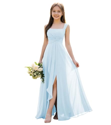 FLwuhui Sky Blue Junior Bridesmaid Dresses Chiffon Flower Girl Dresses Pleat Wedding Party Pageant Gown US12