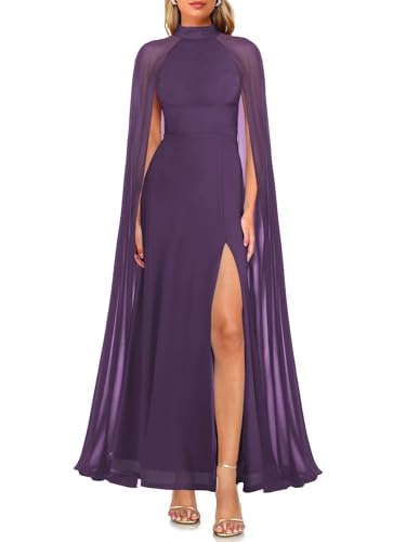 MAYFASEY Flowy Dresses for Women High Neck Cape Sleeve High Split Mesh Aline Evening Gowns Formal Wedding Guest Bride Dresses Purple M