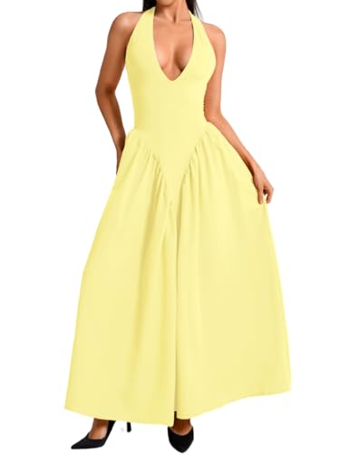 ChiaoLezhee Deep V Neck Dress, Halter Maxi Dresses, Vacation Date Night, Sexy for Women Corset Flowy Wedding Guest Drop Waist Bridesmaid A Line Tea Garden Party Pastel, Butter Light Yellow, Small