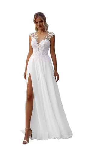 Chiffon Cap Sleeve Beach Wedding Dresses with Slit Illusion Lace Scoop Neck A Line Boho Bridal Dress with Sleeves White 14