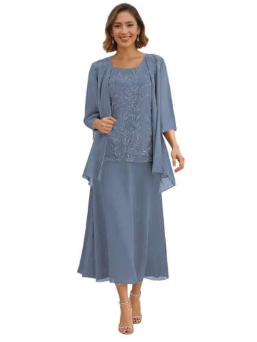 Plus Size Grandmother of The Bride Dresses with Jacket Dusty Blue Mother of Groom Dress for Wedding US22W