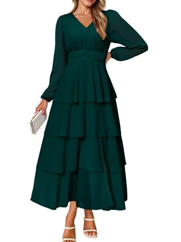 BerryGo Women's Chiffon Maxi Dresses A Line Long Sleeve High Waisted Tiered Swing Holiday Vacation Semi Formal Dress(Dark Green,X-Large)