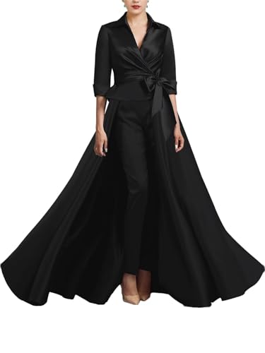 3 Pieces Jumpsuit Mother of The Bride Dress for Women 3/4 Sleeve Shirt Collar Satin Elegant Evening Dresses with Bow Balck Size 04