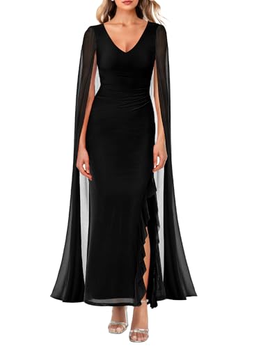 MAYFASEY Women's Mother of Bride Dresses Cape Sleeve High Split Bodycon Ruched Cocktail Wedding Guest Maxi Dress Halloween Dress Black L