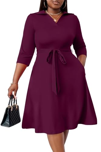 FANDEE Midi Dresses for Women A-Line Fit and Flare Dress 3/4 Sleeve V Neck Cocktail Wedding Guest Work Dress with Pockets Burgundy 2XL