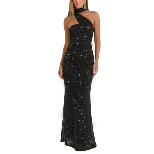 Women Sparkly Formal Dress Strapless Bodycon Tube Top Maxi Dress Wedding Guest Long Dresses Cocktail Gown Scarf (Black, Medium)