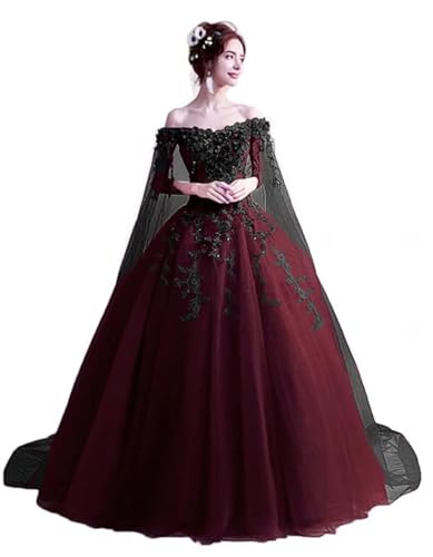 LEJY Women's Off Shoulder Quinceanera Dresses Masquerade Ball Gowns Sweet 16 Prom Dresses Burgundy and Black 8