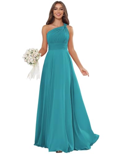 Qgeno Chiffon Bridesmaid Dresses Aqua One Shoulder A Line Gown 6