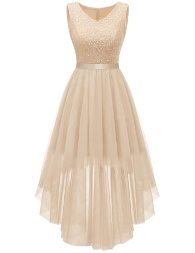 Wedding Guest Dress Sequin Tulle High Low V Neck Sleeveless Champagne S | Sequin V Neck Sleeveless Dress with Flowy Tulle High Low Skirt, Beautiful for Homecoming, Prom Night and Formal Ceremonies