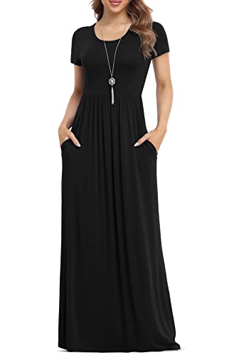 VIISHOW Women's Short Sleeve Loose Plain Maxi Dresses Casual Long Dresses with Pockets(Black, XX-Large)