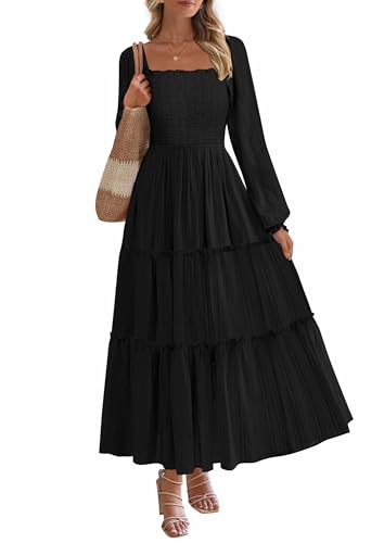 PRETTYGARDEN Women's Long Sleeve Ruffle Flowy Maxi Dress,Black,XL