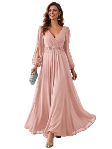 Ever-Pretty Women's Fall Long Sleeves Formal Mother of the Bride Dresses | Evening Dresses, Winter, A-Line, Chiffon, Ruched, Semi Formal Dresses, Appliques, Pink US18