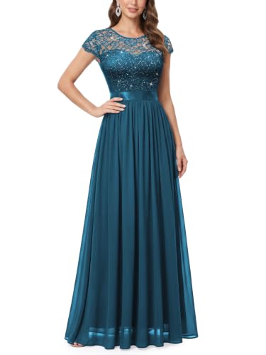 Miusol Women's Classy Scoop Neck Sequin Lace Contrast Bridesmaid Party Maxi Dress (Small, Coral Blue)