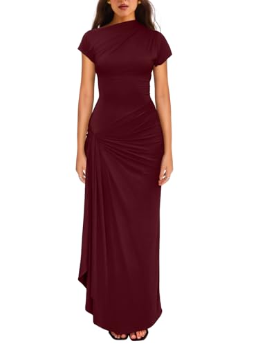 YMDUCH Women's Casual Short Sleeve Ruched Split Long Party Dress WineRed