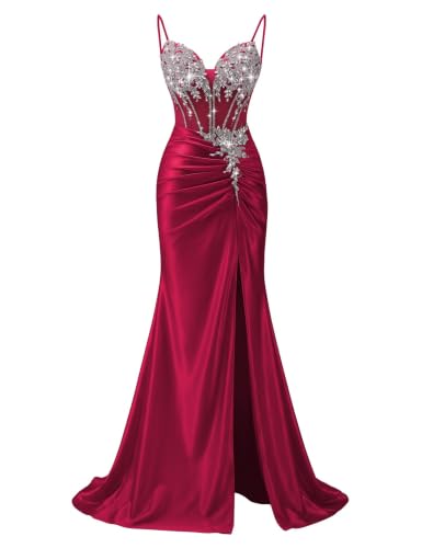 MagicST Satin Beaded Mermaid Prom Dresses for Women Wine Red Evening Gowns | Spaghetti Straps,V-Neck,Beaded, Crystal Embellishments, Corset,Ruched Silhouette, Side Slit, Floor Length, Lace-Up Back