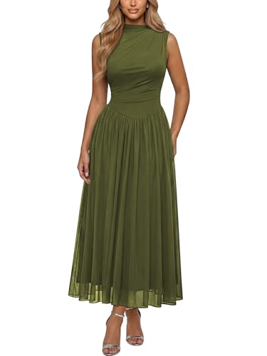 AISIZE Women's Mesh Sleeveless Flowy Ruched Waist Elegant Casual Dress | Soft stretch fabric, A-line, flattering, mock neck, draped, great for formal, vacation, brunch, parties & daily wear, banquet