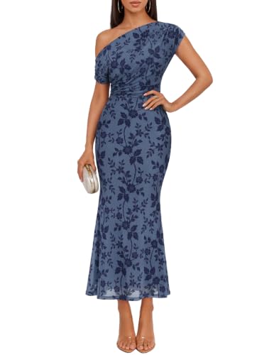 ZESICA Womens Off Shoulder Floral Mesh Cocktail Party Dress Dusty Blue S