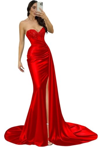 Strapless Sequin Satin Mermaid Prom Dress Evening Gown for Women Red | This strapless mermaid formal gown features sequin lace corset bodice, ruched satin skirt with high slit and lace‑up back.