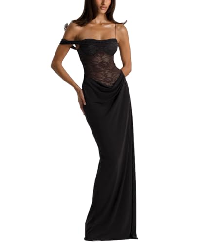 Women's Sexy Lace Maxi Dress High Split Spaghetti Strap Backless Wedding Guest Cocktail Formal Dresses,Black,L