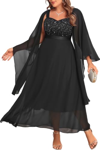 Talisea Plus Size Formal Dress Black Cocktail Wedding Guest Gown with Shawl | 2 Piece Set with Sparkly Lace Dress and Chiffon Shawl, Sleeveless Sweetheart A-Line Maxi Dress for Wedding Guest Events