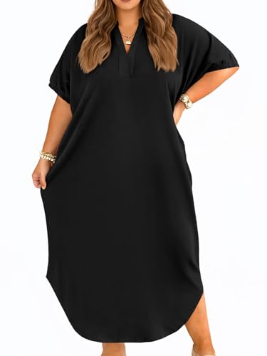 Beautife Women's Plus Size T Shirt Dress Collared V Neck Maxi Long dress