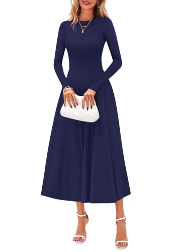 PRETTYGARDEN Women's Long Sleeve Knit Maxi Sweater Dress,Navy Blue,M