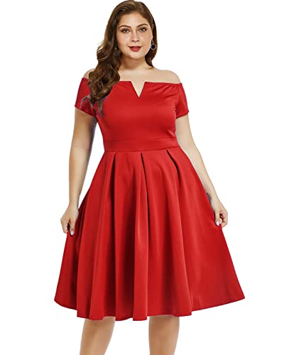 LALAGEN Women's Plus Size Vintage 1950s Party Cocktail Wedding Swing Midi Dress Red XXL-1